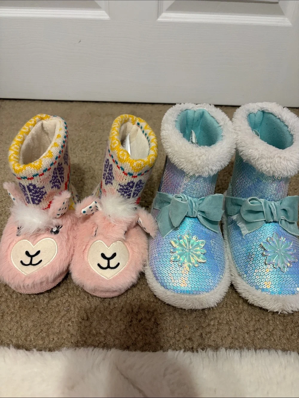 Plush Pink Animal Slipper Boots & Sparkle Frozen Snowflake Booties - 2 Pairs